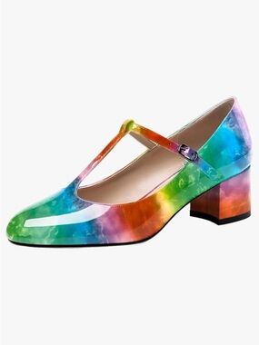 WAYDERNS Pride Rainbow Patent Leather T Strap Chunky Heel Women’s Size 7